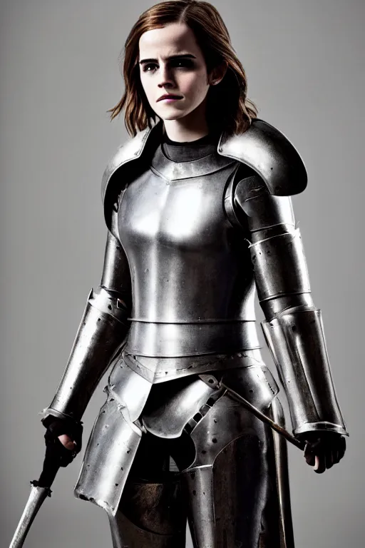 Prompt: Emma Watson as Joan of Arc for an upcoming movie, full suit of plate armor, promo shoot, studio lighting