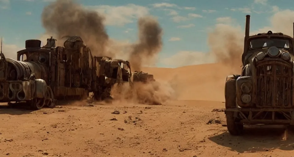 Image similar to still frame of rusty punk Thomas the Tank Engine in MAD MAX: FURY ROAD (2015)