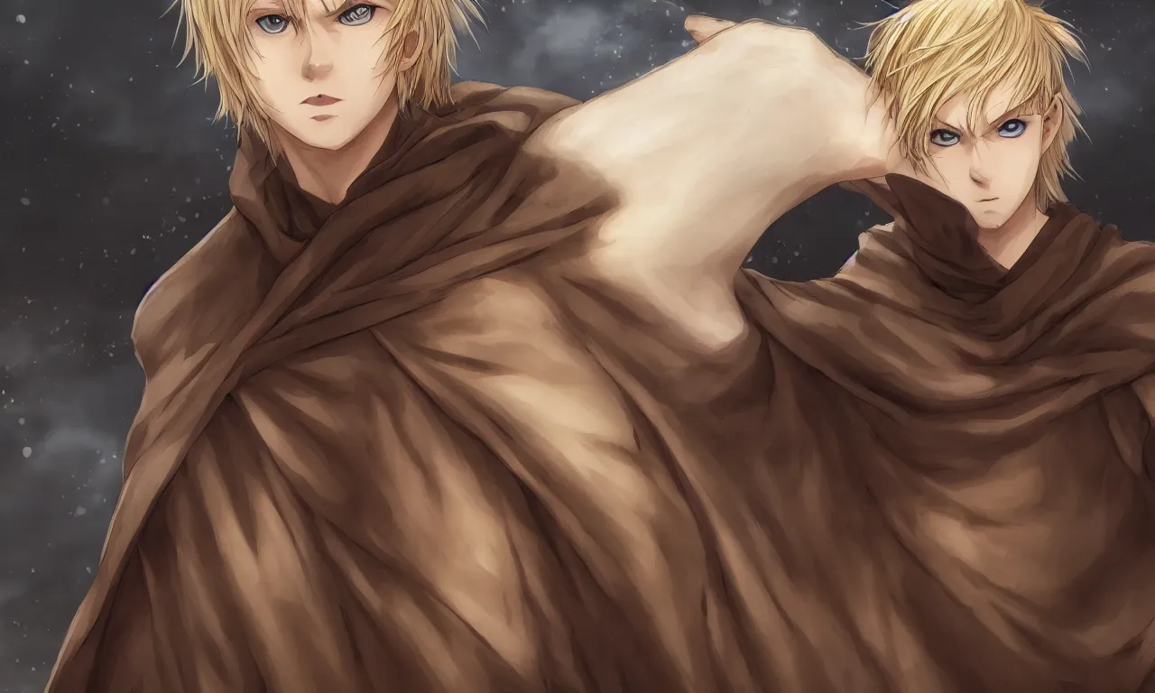 Prompt: blonde boy with golden eyes wearing a brown cape, anime screenshot, mappa studio artstyle, hyper realistic, pale skin, 4 k, rule of thirds, extreme detail, detailed drawing, trending artstation, hd, fantasy, realistic lighting, sharp focus, backlit