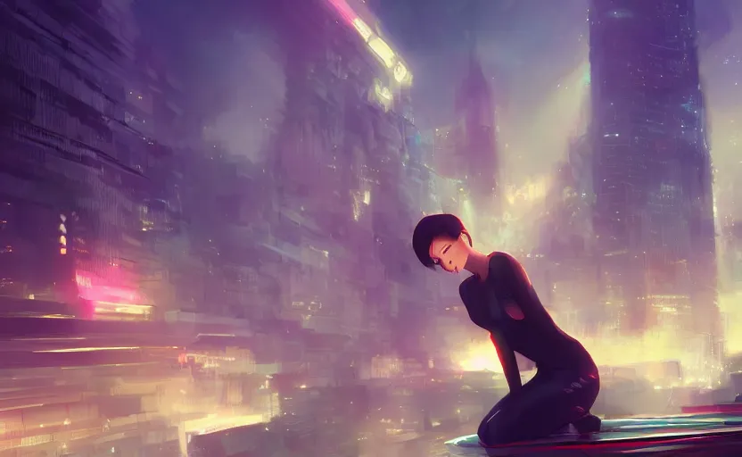 Image similar to beautiful Vietnamese woman, sci-fi fashion, buzz cut hair, scene of a city, dramatic light, wide angle, dramatic pose, dramatic angle , 8k hdr pixiv by Makoto Shinkai and Wojtek Fus