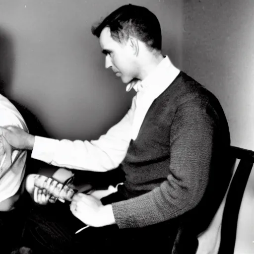 Image similar to a man sitting on a chair having his blood pressure measured by a doctor, color photo