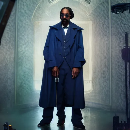 Image similar to snoop dogg as a rough dirty old man with a scruffy beard in a dark blue trenchcoat as the new doctor who, cinematic, volumetric lighting, f 8 aperture, cinematic eastman 5 3 8 4 film, photorealistic by greg rutkowski, by stanley artgerm, by alphonse mucha