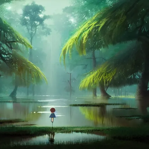 Prompt: a wholesome animation key shot of a ` cute swamp runway, studio ghibli, pixar and disney animation, sharp, rendered in gouache painting, anime key art by greg rutkowski, bloom, dramatic, dynamic lighting