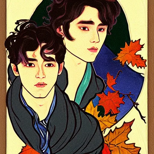 Image similar to painting of young cute handsome beautiful dark medium wavy hair man in his 2 0 s named shadow taehyung and cute handsome beautiful min - jun together at the halloween party, bubbling cauldron, candles, smoke, tarot, autumn colors, elegant, stylized, soft facial features, delicate facial features, art by alphonse mucha, vincent van gogh, egon schiele