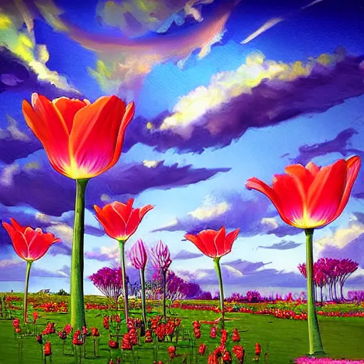 Image similar to flying tulip fortress, fantasy art, sky in the background, detailed, behrens style