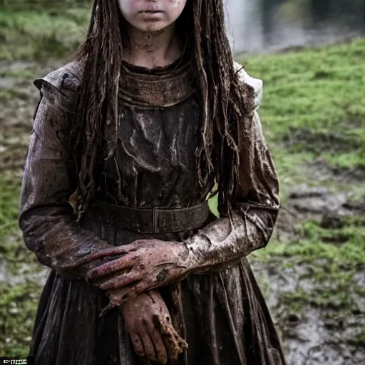 Image similar to a young girl of 1 5 years with black hair in a muddy medieval village square has raised her father from the dead to protect her from angry villagers