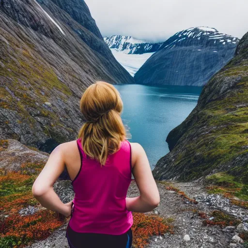 Image similar to a young woman with long pink hair, looking at camera, hiking clothes, tank top, backpack, norway, fjords in background, cinematic, beautiful, stunning, day time, epic, 8 k, 1 6 : 9