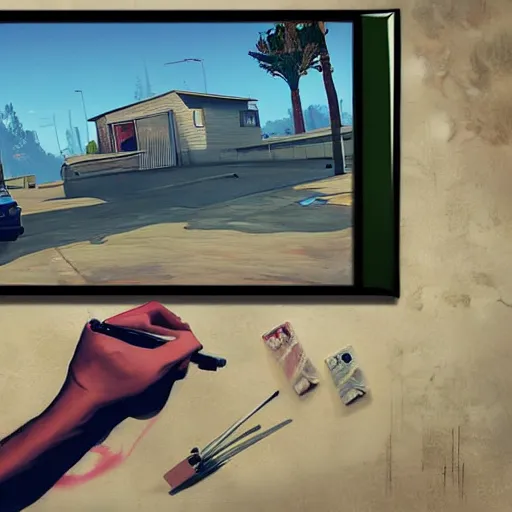 Prompt: gta 5 playthrough, stylized painting art