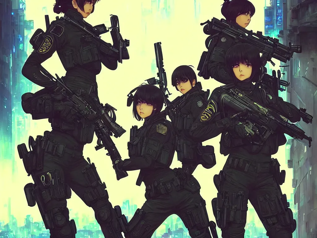 Image similar to anime key visual of a team of multiple female swat officer ready to attack, neon, cyberpunk, futuristic, stunning, highly detailed, digital painting, smooth, soft focus, illustration, movie poster, japanese typography, digital art from artstation by artgerm and greg rutkowski and alphonse mucha