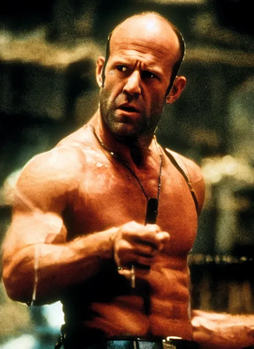 Image similar to film still of Jason Statham as John McClane in Die Hard, 4k