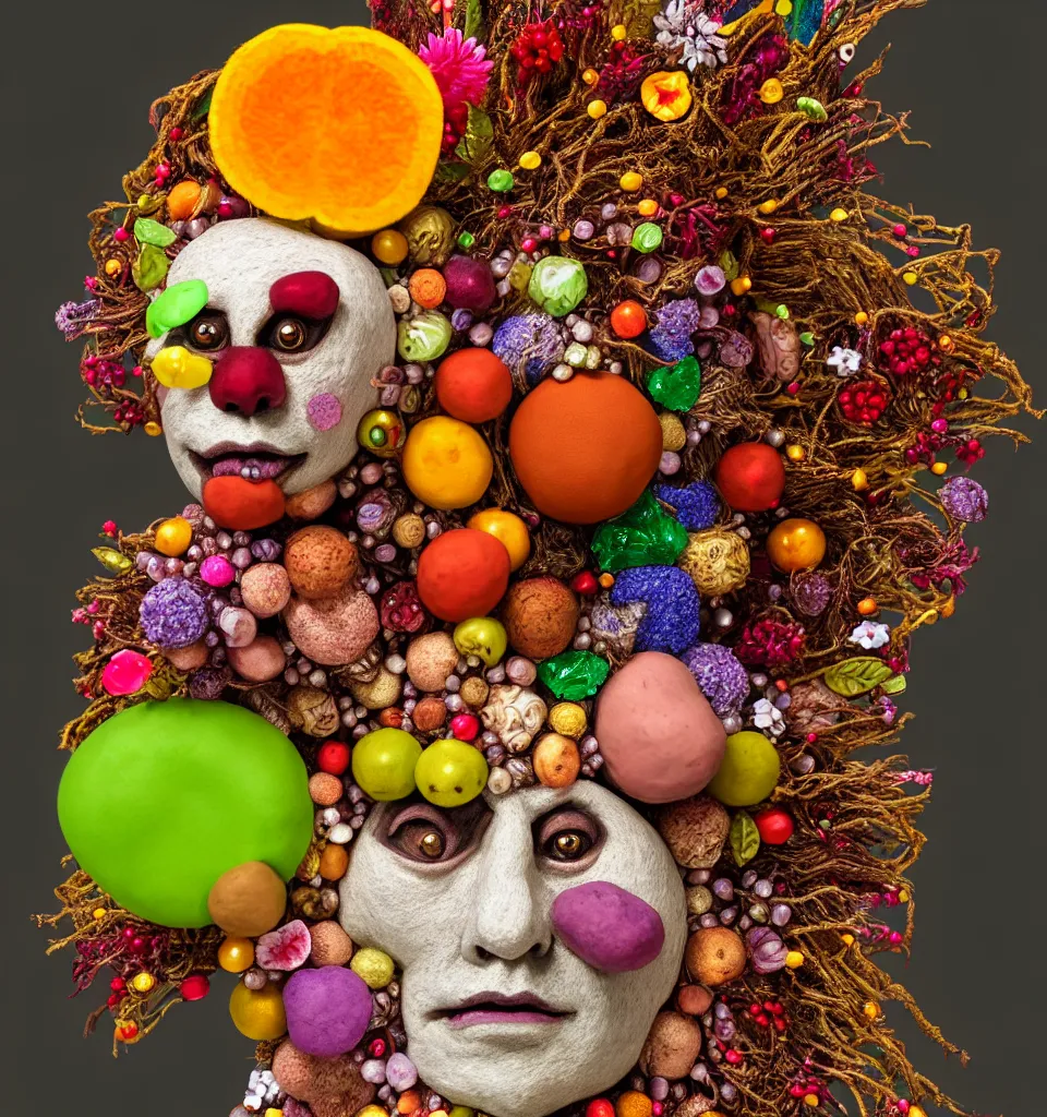 Image similar to headshot of a trickster nature spirit, head made of fruit gems and flowers in the style of arcimboldo, fragonard, photorealistic, dynamic lighting, action figure, clay sculpture, claymation, dull reddish orance cloudy background