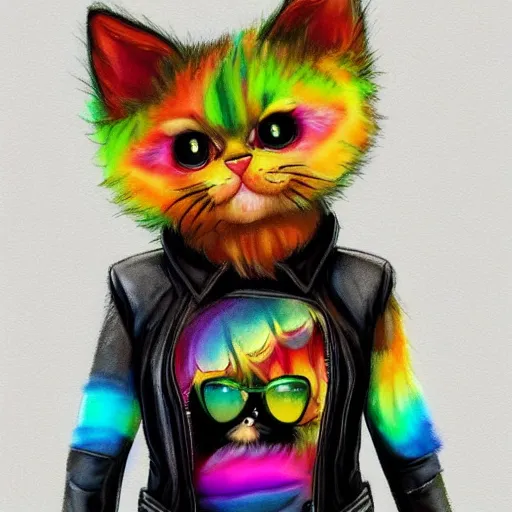 Image similar to wide angle full body, jacket wearing fluffy cute rainbow kitten wearing a black leather motorcycle jacket, cinematic concept art