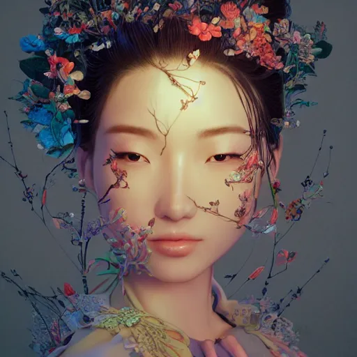 Prompt: the portrait of an absurdly beautiful, graceful, elegant young japanese woman made of bananas and petals looking up, an ultrafine detailed illustration by kim jung gi, irakli nadar, intricate linework, bright colors, octopath traveler, final fantasy, angular, unreal engine 5 highly rendered, global illumination, radiant light, detailed and intricate environment