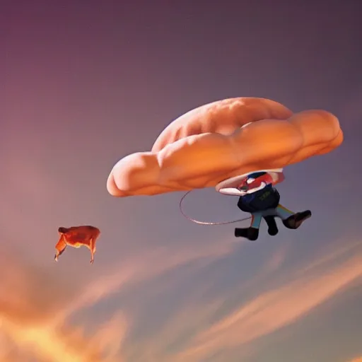 Prompt: chorizo flying over the clouds chasing an ufo