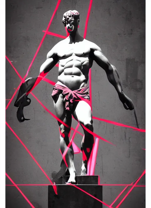 Image similar to design poster showing a statue of hercules, black background with very subtle red and purple design elements, powerful, nekro, vito acconci, graphic design, collage art, subtle thin lines, dark, glitch art, neo vaporwave, gritty, layout frame, square, trending on artstation