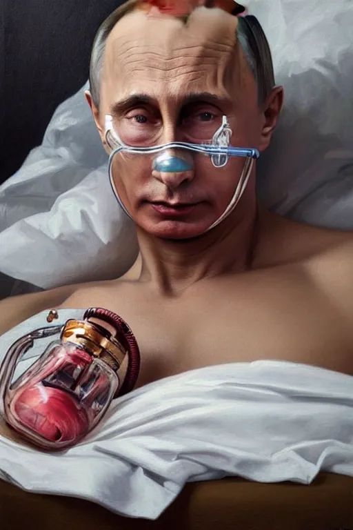 Image similar to a super very hyperrealistic oil painting of ill Vladimir Putin as a patient wearing an oxygen mask on a death bed inhaling from Copium tank that stand near his bed, visible face, fantasy, intricate, elegant, highly detailed, digital painting, artstation, concept art, smooth, sharp focus, illustration and alphonse mucha