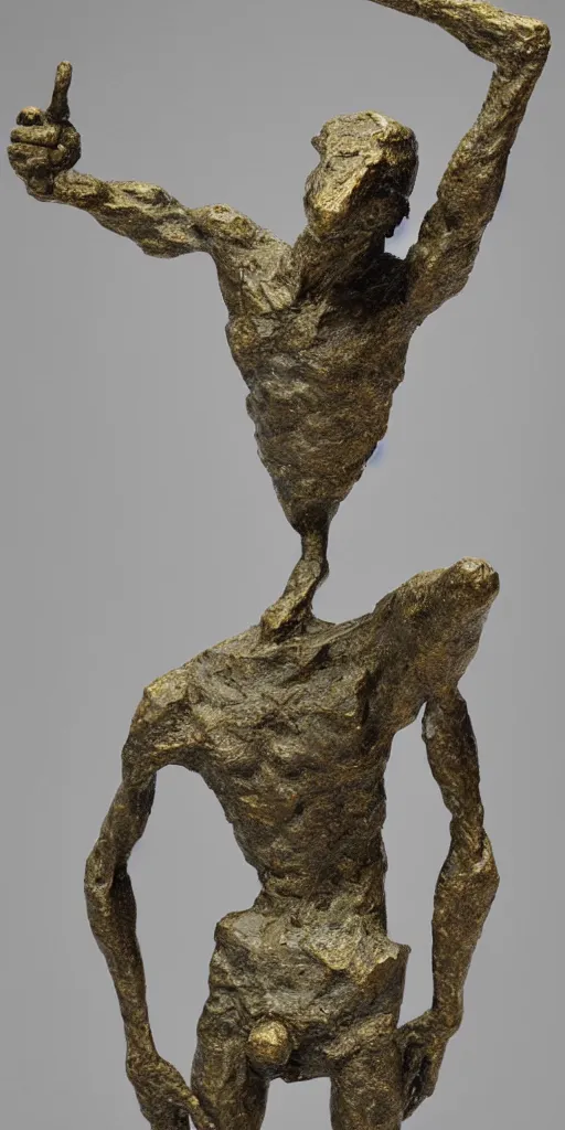 Image similar to sculpture of a cowering man, in the style of alberto giacometti