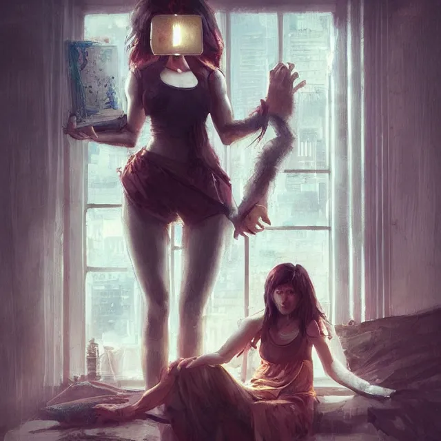 Image similar to window, eye, women, buildings, surprise, scared, couch by wlop, artgerm, greg rutkowski