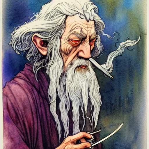 Prompt: a realistic and atmospheric watercolour fantasy character concept art portrait of gandalf with bloodshot eyes smoking a pipe looking at the camera by rebecca guay, michael kaluta, charles vess and jean moebius giraud