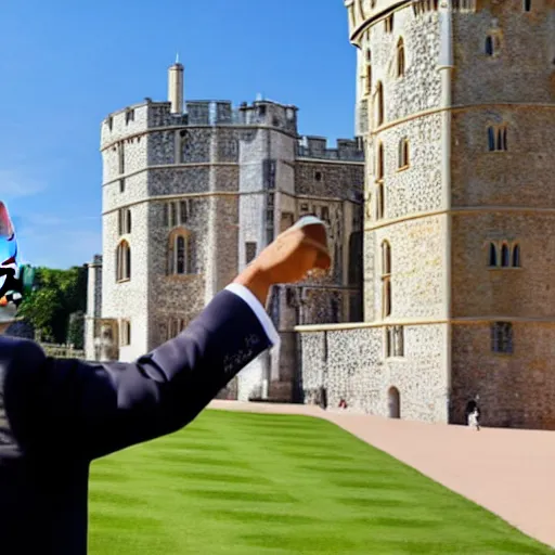 Image similar to amlo pointing the gun at his head, being in windsor castle.