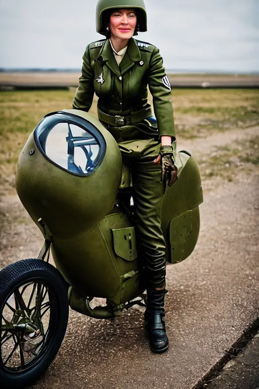 Image similar to 5 0 mm f 8 full body portrait photography of a retro future wwii airborne infantry soldier riding a futuristic motorcycle who's a mix of claire danes and liv ullmann with green eyes and very long striped hair, wearing an aaf wwii leather flying helmet and goggles, with green eyes, smirking, setting is wwii trenches, by jovana rikalo