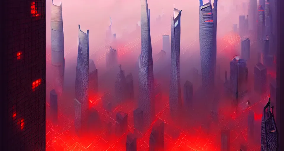 Prompt: shanghai!!, distopian, smog, tall buildings!, red ( ( light ) ), by marc simonetti