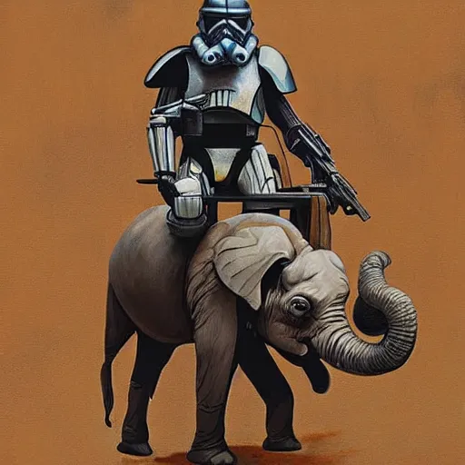 Image similar to painting of sormtrooper riding an elephant on the background of mos eisley on tatooine, intricate, high detail