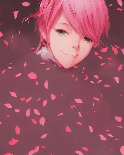 Image similar to happy teenage girl side face with pink curly pastel hair .Many single strips of hair floating in the air. Bright big eyes. Fine particles of red leaves.，cute, anime wallpaper，Sunlight on the face.by Krenz Cushart, Ian McQue, Ilya Kuvshinov, CloverWorks.vivid color.Shining highlights