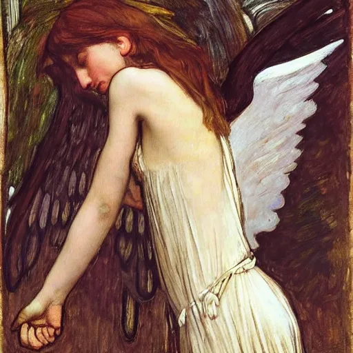 Image similar to An angel losing their wings calmly in the style of John William Waterhouse