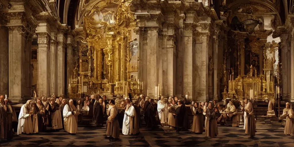 Image similar to beautiful oil matte portrait painting, priests holding a church ceremony inside a baroque cathedral, wonderful masterpiece highly detailed, beautiful cinematic light deep focus, elegant, digital painting, smooth, sharp focus, golden ratio, dramatic illumination, ultra realistic, 8 k, art by giovanni bellini and caravaggio