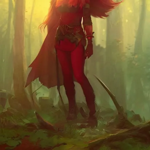 Prompt: scarlet Johansson as a elf Druid girl with red hair and glowing green eyes , trending on ArtStation , concept art by greg rutkowski