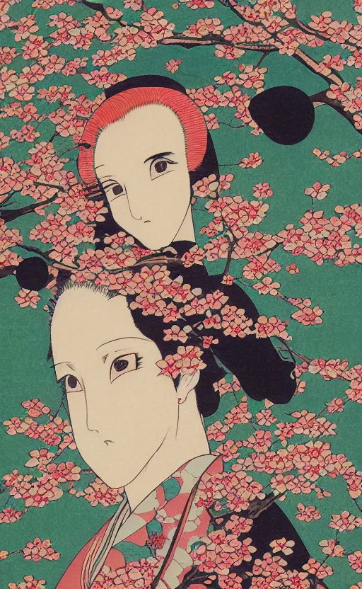 Prompt: by akio watanabe, manga art, colorful maku tend cherry tree, trading card front, kimono, sun in the background