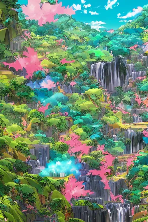 Image similar to landscape of an anime style with tropical flowers and waterfalls neon colors, bird eye view, bove rule of thirds golden ratio, fake detail, trending pixiv fanbox art by todd mcfarlane