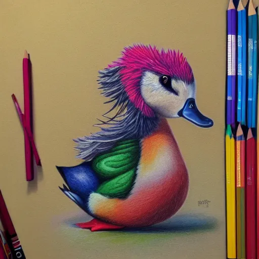 Image similar to Colored pencil art on paper, Circus Duck , highly detailed, artstation, MasterPiece, Award-Winning, Caran d'Ache Luminance