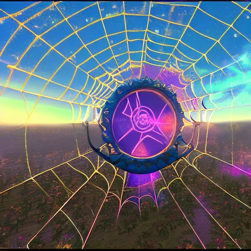 Prompt: a intricate iridiscent halo with spiderweb desing portal in the heavens, cinematic unreal engine 5