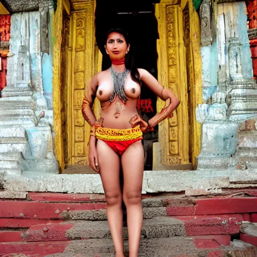 Image similar to a nepali model in a kathmandu temple, posing for playboy photoshoot next to hindu gods