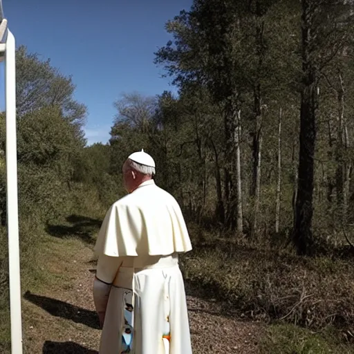 Prompt: the pope on trail cam footage