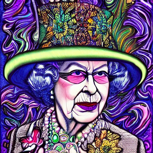 Image similar to an extremely psychedelic portrait of queen elizabeth as the riddler, surreal, lsd, face, detailed, intricate, elegant, lithe, highly detailed, digital oth, sharp focus, illustration,