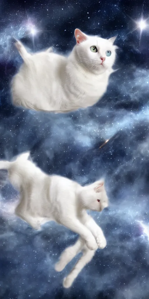 Image similar to white cats floating in space. andromeda in the background, 4k, high quality photo