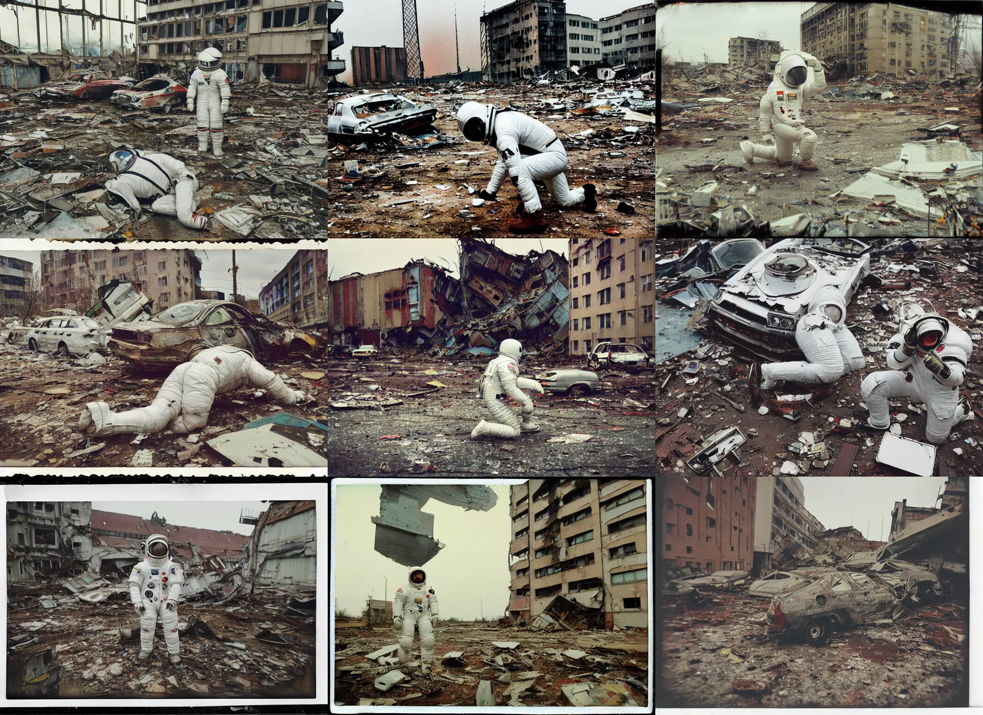 Prompt: american white spacesuit astronaut sad hopeless kneeling in postapocalyptic abandoned destroyed legnica centre, wrecked buildings, destroyed flipped wrecked cars, polaroid photo, vintage, neutral colors, rainy day, by gregory crewdson