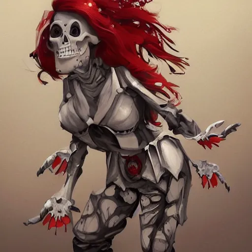 Image similar to cute & beautiful smug smiling undead skeleton girl with very attractive face and red hair dressed as a soviet mitary officer, elegant, digital art, fullbody painting, fantasy, pixar style, painting, pin up, highly detailed, artstation, art by artgerm, vrubel, greg rutkowski, ilya kuvshinov, raymond swanland