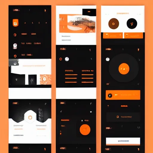 Image similar to modern UI/UX icons for an artistic website, black and orange colour palette, layout design, template sheet