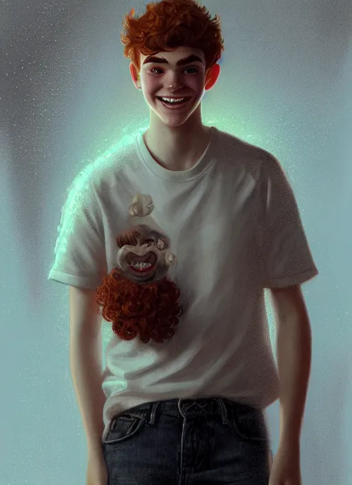 Image similar to portrait of teenage archie andrews, freckles, curly middle part haircut, curly hair, smiling kindly, intricate, elegant, glowing lights, highly detailed, digital painting, artstation, concept art, smooth, sharp focus, illustration, art by wlop, mars ravelo and greg rutkowski