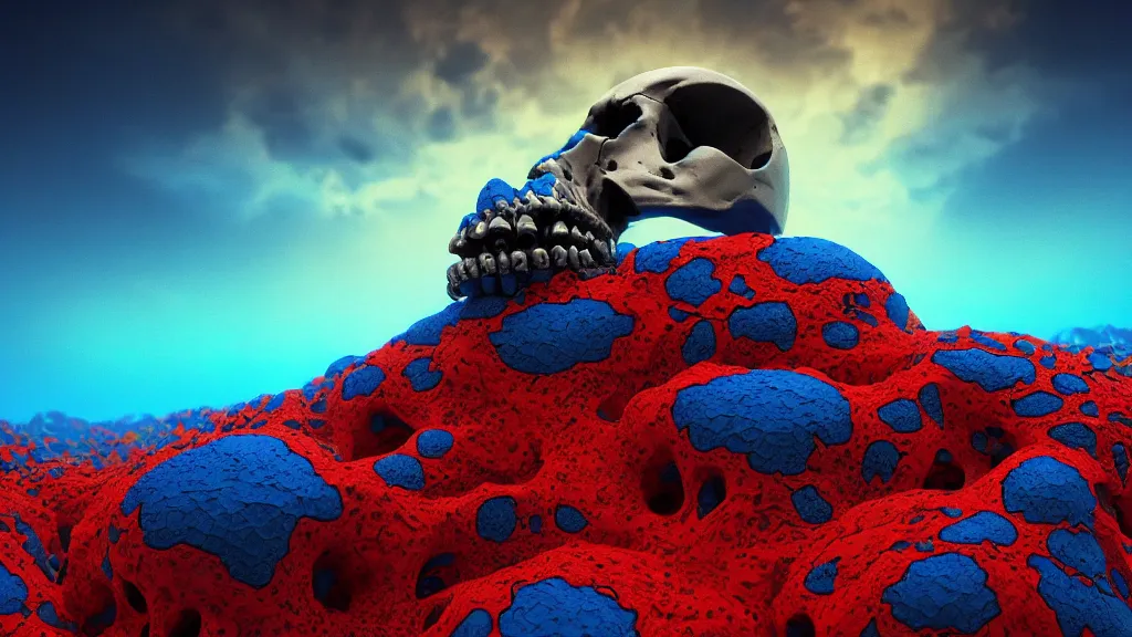 Prompt: A beautiful digital artwork of a cellular automata skull in the sky. Blue and red and yellow pastel color scheme, dramatic soft lighting, clear skies. A flowing river with rocks, by Jeffrey Smith and Tyler Edlin and Patrice Murciano. Octane render, PBR, path tracing, octane render, subsurface scattering.