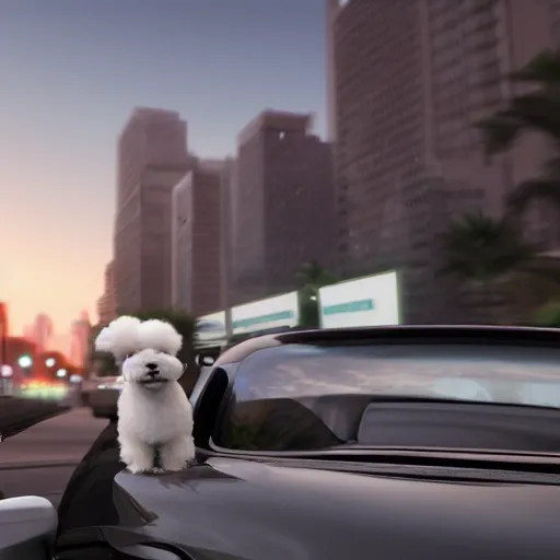 Prompt: a photorealistic image of bichon frise riding in the back on an uber through Hollywood at dusk. This 4K HD image is Trending on Artstation, featured on Behance, well-rendered, extra crisp, features intricate detail and the style of Unreal Engine.