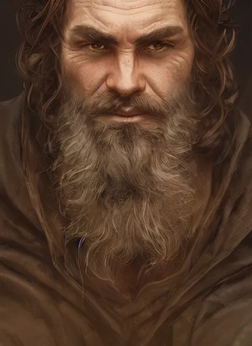 Image similar to portrait of a ruggedly handsome cleric, soft hair, muscular, half body, leather, hairy, d & d, fantasy, intricate, elegant, highly detailed, digital painting, artstation, concept art, smooth, sharp focus, illustration, art by artgerm and greg rutkowski and alphonse mucha