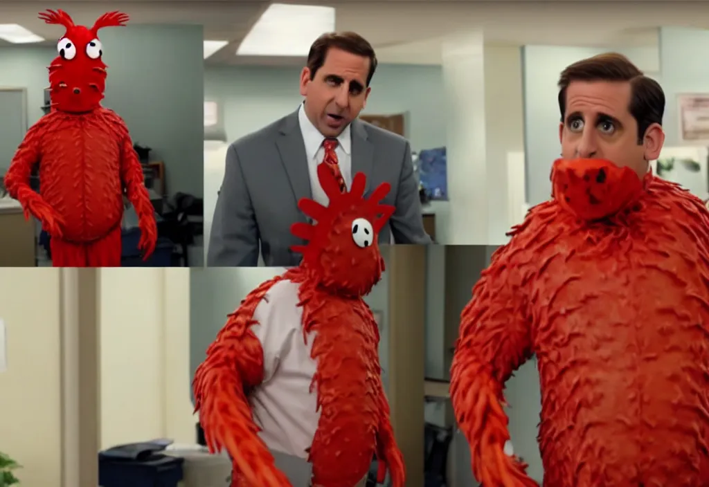 Prompt: michael scott in lobster costume, video still from the office tv show