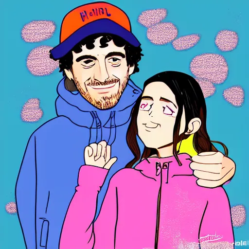 Image similar to hila klein holding hands with ethan klein, anime style, digital art, cute, teddy fresh