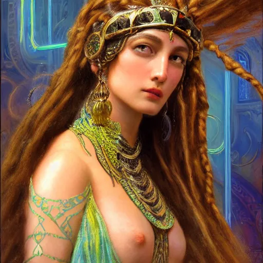 Image similar to artstation, intricate detail, portrait by gaston bussiere, tan skin, lady of elche, egyptian sumerian features, techno mystic dominatrix goddess intergalactica inanna with aqua neon rapunzel dreadlocks,