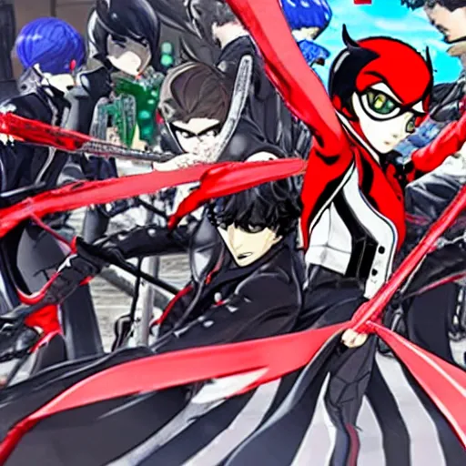 Prompt: A photo of the Phantom Thieves lined up and striking action poses.